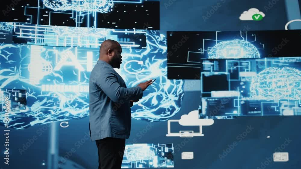 Poster black male it engineer examining digital ai brain interface on dashboard, symbolizing neural network