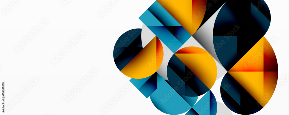 Poster abstract geometric shapes overlap, creating dynamic composition. blue, orange hues dominate white ba