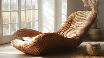 Cozy wicker lounge chair in clean, simple room
