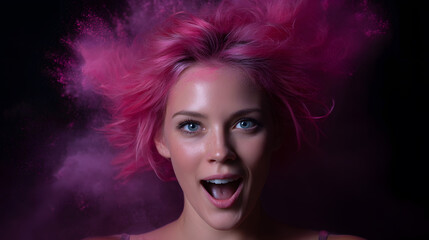 Fototapeta premium Pink Hair Explosion: A vibrant young woman with shocking pink hair, suspended amidst a cloud of pink powder, expresses joyful surprise. The image is full of energy and color. 