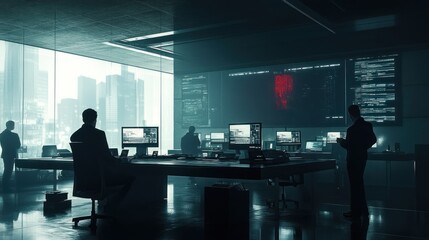 Silhouette of professionals in a modern surveillance center overlooking a city.