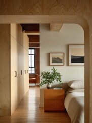Modern, light-filled bedroom with built-in wood storage.