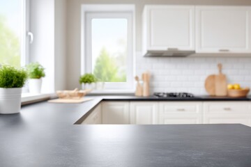 Modern kitchen interior featuring sleek black countertop, bright natural light streaming through window, potted plants on the counter, and white cabinetry creating a warm and inviting atmosphere 