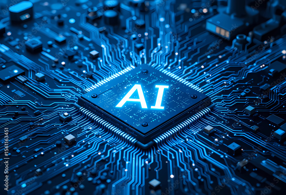 Aufkleber close up of a blue ai chip on a circuit board with glowing connections and visible components around