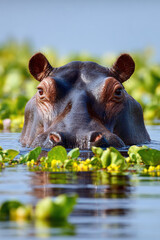 Fototapeta premium Wild African Hippo with Head Above Floating Water Lettuce