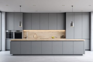 Modern kitchen interior featuring sleek gray cabinetry, minimalist design elements, and warm wooden accents, creating a stylish and functional cooking space with contemporary lighting fixtures