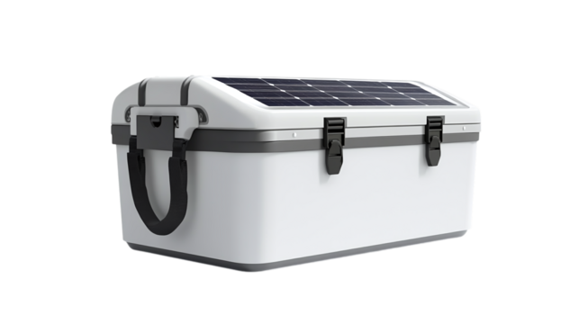 • A portable electric cooler with built-in solar panel, isolated on white background in HD 