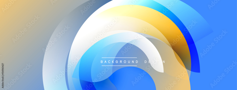 Poster Abstract design features layered translucent circles. Colors blend from gold to blue, creating dynamic visual effect. Modern, clean aesthetic.