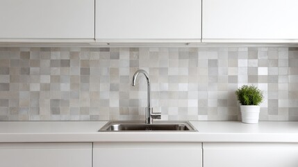 Fototapeta premium Modern kitchen sink with sleek stainless steel faucet, surrounded by elegant gray tiled backsplash and minimalistic white cabinetry, showcasing contemporary design and functionality 