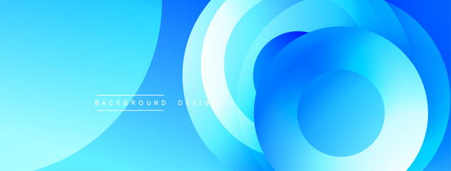 Abstract blue design features layered circles, gradients. Modern aesthetic suitable for backgrounds, banners, digital art. Smooth transitions create dynamic visual effect.