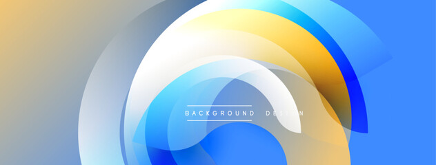 Abstract design features layered translucent circles. Colors blend from gold to blue, creating dynamic visual effect. Modern, clean aesthetic.