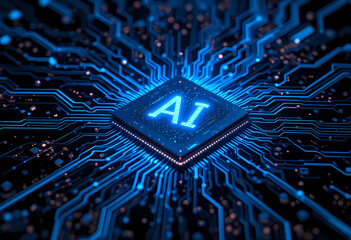 A glowing ai chip with blue circuitry radiating outwards on a dark background with small lights