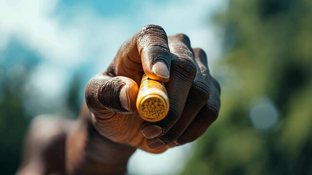 Close-up shot of a hand holding a yellow object against a blurred natural backdrop evoking focus and attention. Skin tone contrasts with the object's color