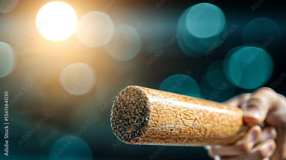 Poster close-up of a hand holding a cylindrical object with textured surface against a blurred bokeh backgr