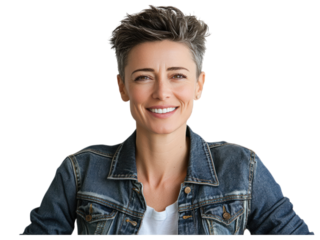 Smiling woman with short hair, in denim jacket