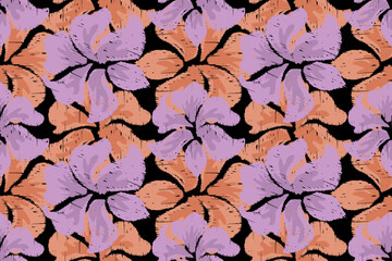 Seamless Floral Pattern with Bold Violet and Orange Abstract Flowers on Black Background, Artistic Decorative Design, Vintage Textile, Boho Fabric, Wallpaper, Gift Wrap, and Creative Surface Projects