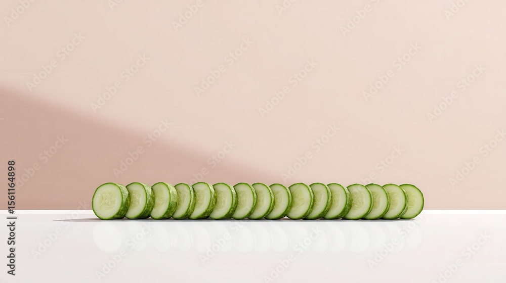 Poster sliced cucumbers arranged in a horizontal line against a pastel background.