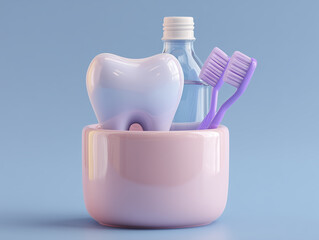 Set of dental hygiene items including tooth shaped container, toothbrushes, mouthwash bottle, and small bowl pastel colors light blue background. items are arranged neatly, emphasizing oral care