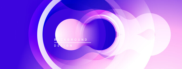 Abstract layers create vibrant circular design. Purple, blue, pink hues blend smoothly. Modern aesthetic, smooth gradients present.