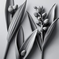 Elegant monochrome floral composition featuring lily buds and textured leaves artfully arranged on