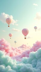 Obraz premium A fantasy landscape of fluffy candy floss hills in soft pastel shades, gently rolling beneath a glowing sky, with tiny air balloons floating in the distance. Surreal, dreamlike environment.