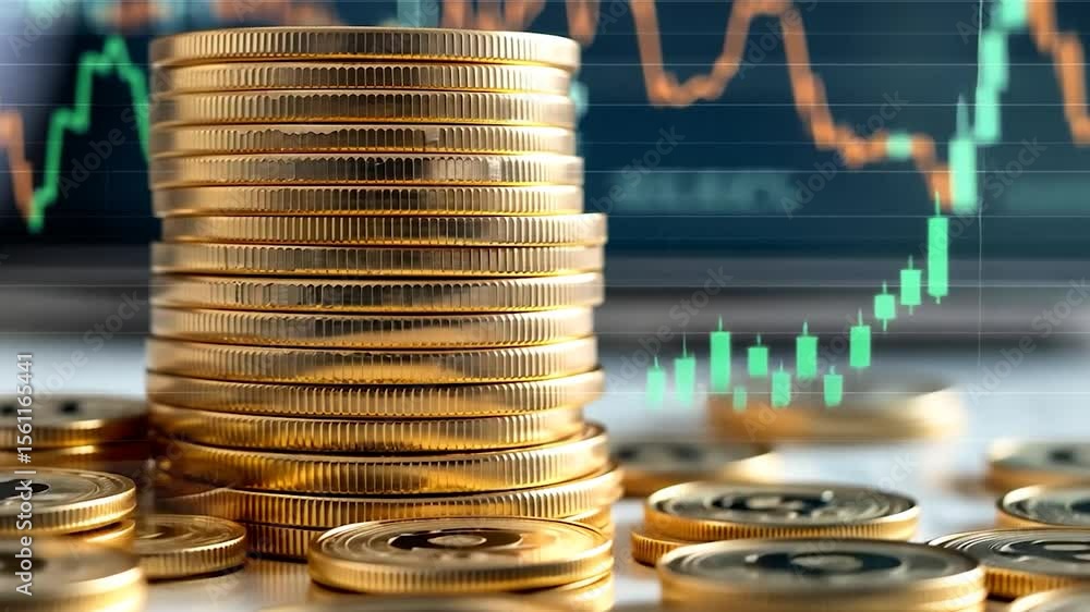 Poster golden coins stacked high and scattered on a table with a blurred stock market chart in the backgrou