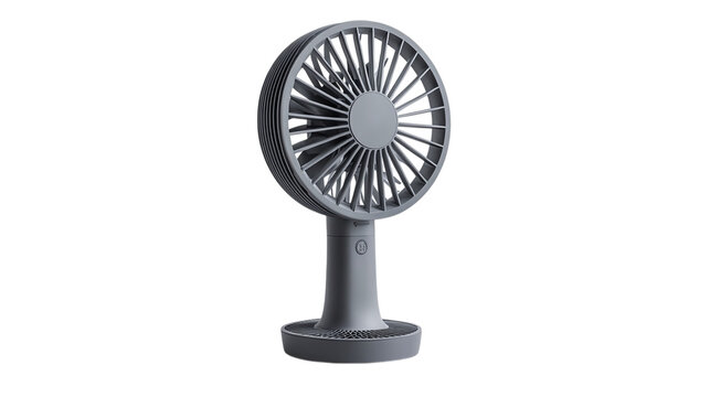 • A portable solar-powered fan with a sleek, compact design, isolated on white background in HD 