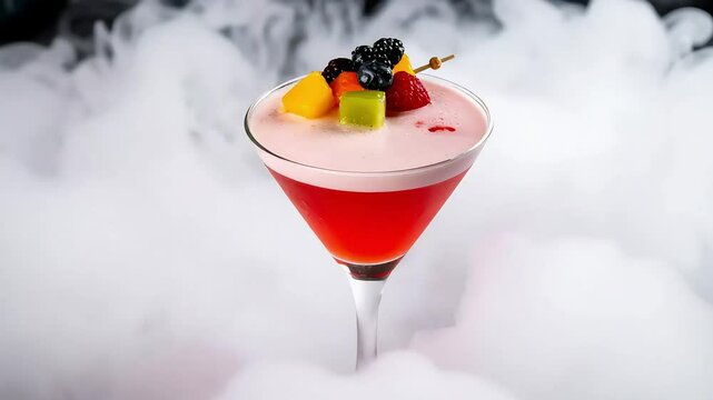 Colorful fruit cocktail served in a martini glass with dramatic smoke effect. Garnished with fresh berries and fruits. Concept of luxury drink, celebration, or gourmet bar presentation.