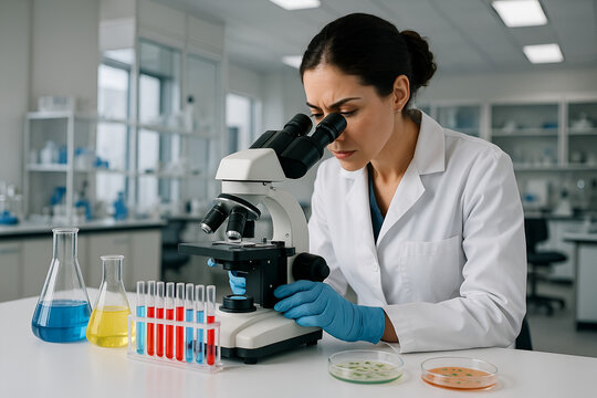 Focused researcher in lab coat examines sample through a powerful microscope.