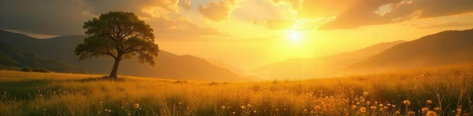 Obraz premium Serene landscape bathed in golden sunlight, evoking feelings of peace, divine connection, and spiritual awakening Perfect for themes of faith, hope, and the sacredness of nature , faith, awakening