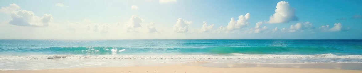 Fototapeta premium Endless horizon of calm ocean meeting sandy beach under a vast sky, perfect for tranquil mood Waves gently lap the shore, creating a serene coastal scene , horizon, nature, ocean waves