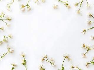 Minimal background with small spring flowers around empty center space for text.