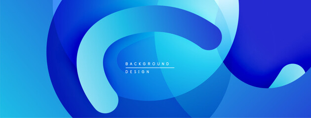 Abstract blue shapes overlap creating dynamic fluid design. Smooth gradients suggest movement, depth. Modern aesthetic.