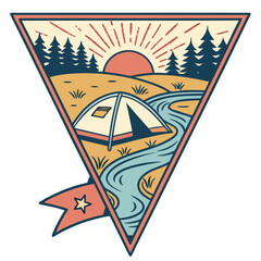 Vintage style camping scene with tent by river and sunrise in triangle emblem