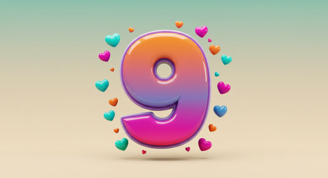 Vibrant 3D number nine surrounded by a festive spray of colorful hearts. Glossy digit for birthday, anniversary, or a special date celebration.
