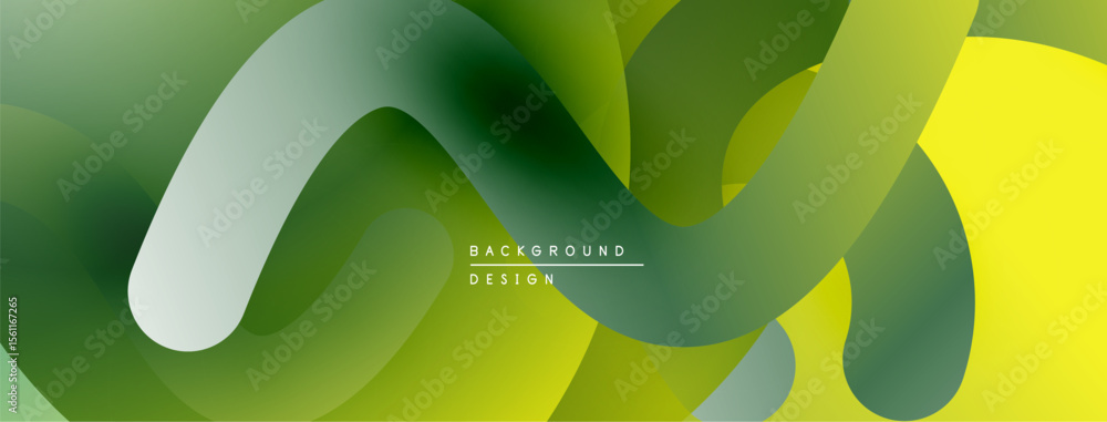 Poster Abstract fluid shapes, vibrant green, yellow hues. Modern design, smooth gradients create dynamic composition. Background element.