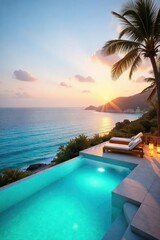 Naklejka premium Luxurious villa overlooking a stunning turquoise ocean Private pool, sun loungers, and breathtaking sunset views await Perfect escape for relaxation and tranquility , rental, real estate