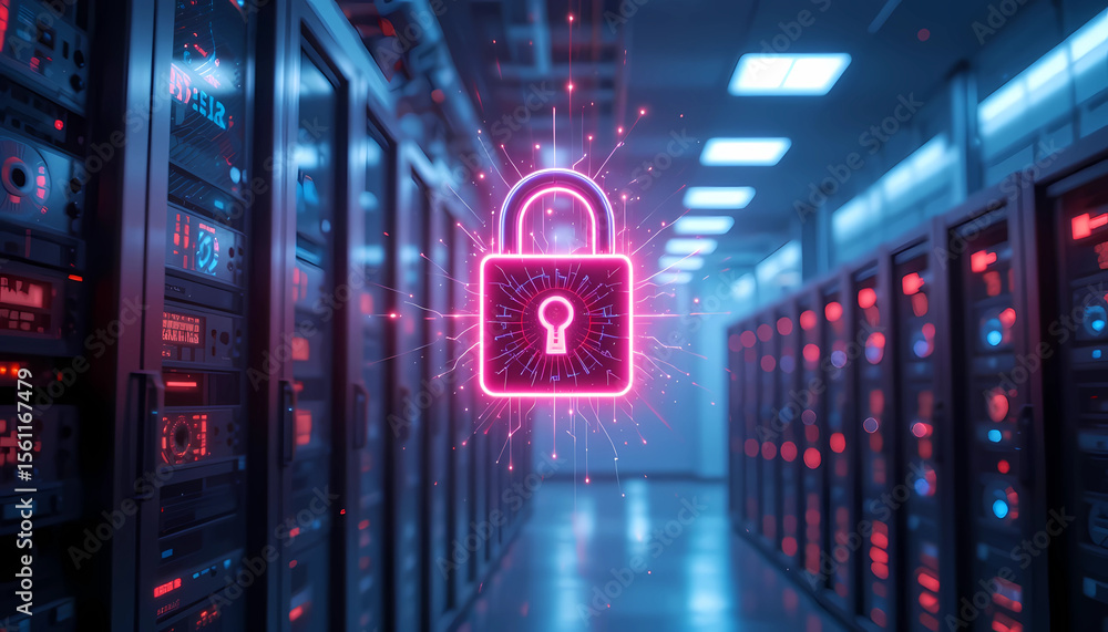 Poster pink padlock hovering in a server room with rows of servers and blue and red lights on the equipment