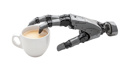 • A robotic arm for home automation, holding a cup of coffee, isolated on white background in HD 