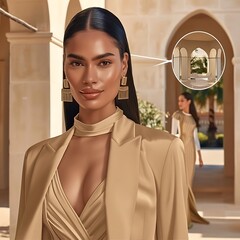Elegant woman in luxurious outfit poses against the backdrop of architectural beauty