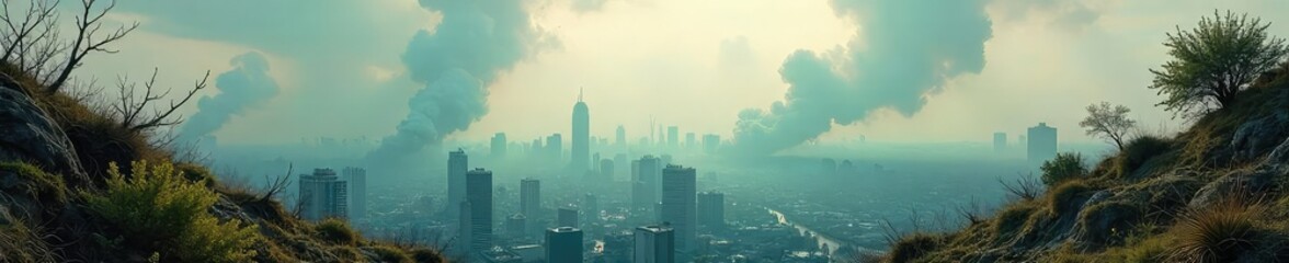 A desolate cityscape choked by smog and overgrown with thorny vegetation, depicting a dystopian future ravaged by environmental collapse , decay, dystopian, smog