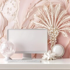 Elegant workspace with a monitor and decorative objects against a textured backdrop setting a