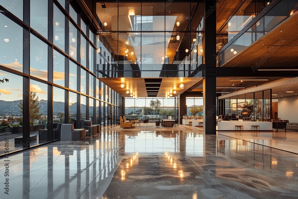 Poster spacious lobby of modern building features large windows showcasing a beautiful sunset over mountain