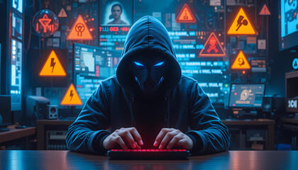 Person in a hoodie typing on a red keyboard surrounded by computer screens and warning signs indoors