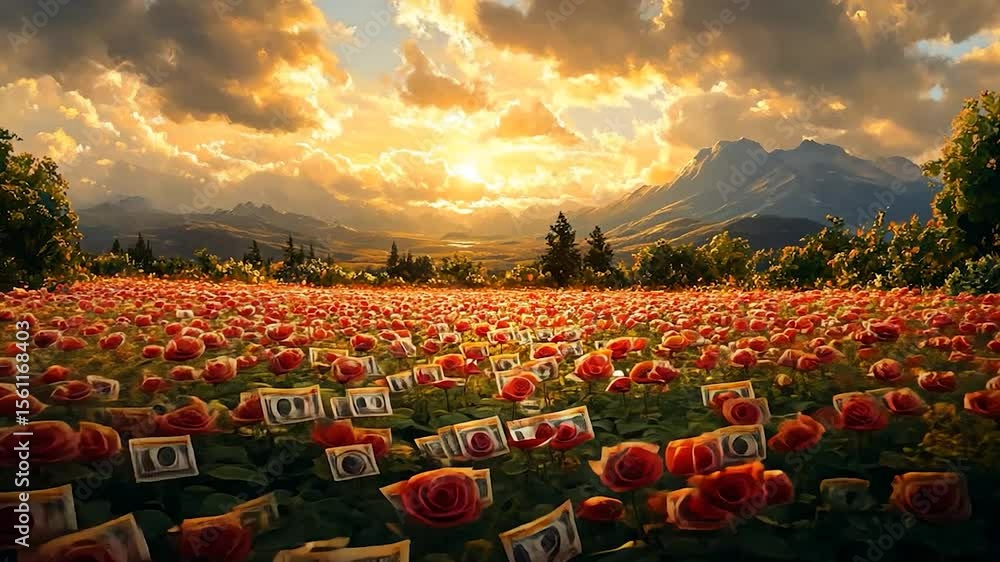 Poster field of red roses with currency embedded in them under a golden sunset with mountains and trees in 