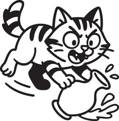 A grumpy cartoon cat with angry expression is kicking over a vase, spilling its contents, in a dynamic black and white illustration style.