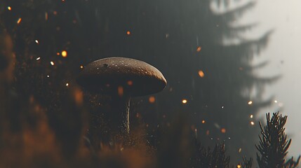Enchanting forest scene featuring a solitary mushroom amidst glowing particles and trees