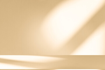 Obraz premium Wall interior background, studio and backdrops show products. with leaf shadow from window color beige and white. background for text insertion and presentation of product 