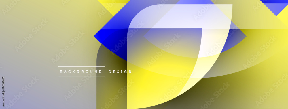 Poster Abstract yellow, blue design. Overlapping shapes create dynamic visual flow. Gradient colors offer modern aesthetic. Minimal text present.