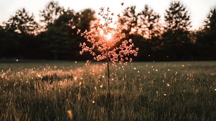 Enchanting sunset illuminates a blossoming tree in a serene meadow creating a magical atmosphere